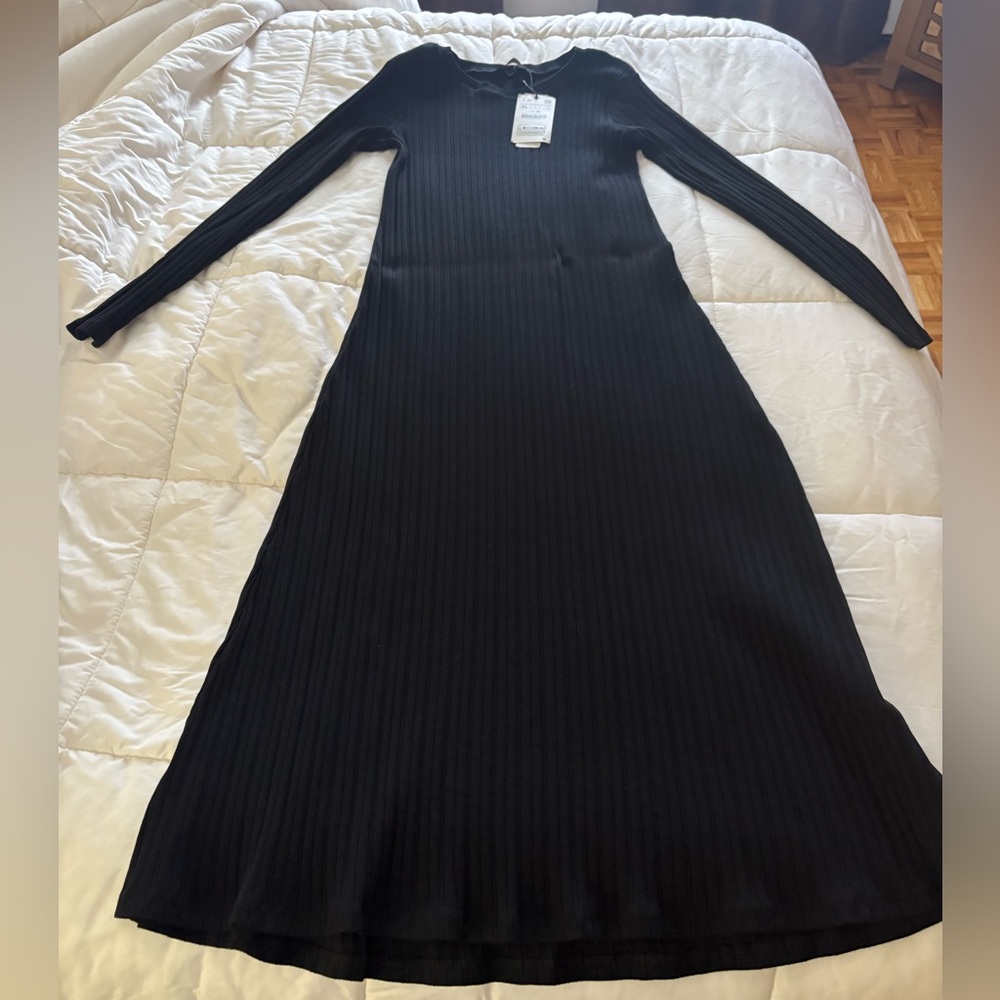 Zara Black Ribbed Long Sleeve Dress